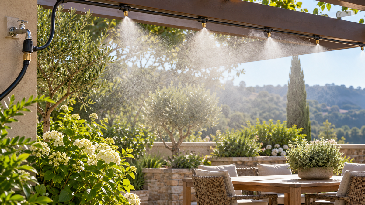 An adjustable outdoor mist cooling sprayer creating fine mist over a sunny patio garden