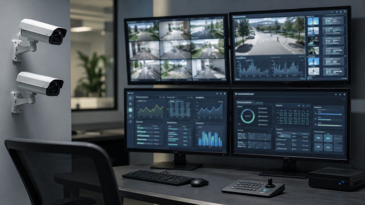 Unbranded monitored security cameras beside a control desk
