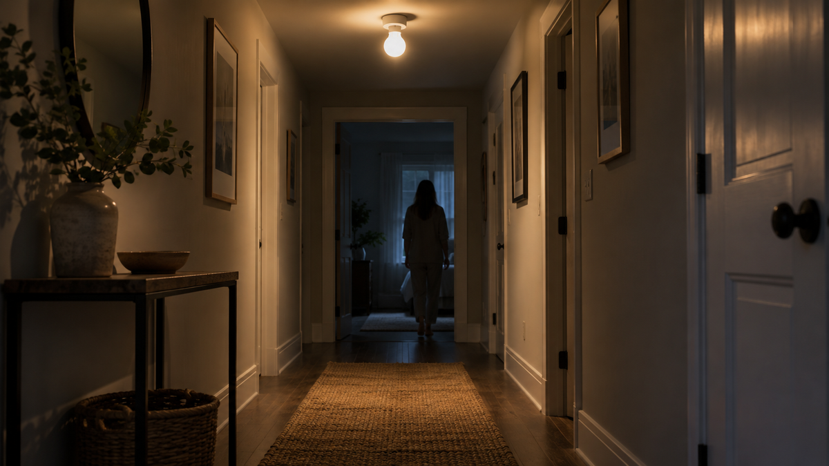 Motion sensing light bulb illuminating a quiet indoor hallway