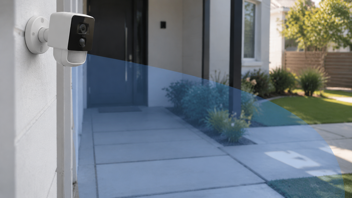 Unbranded motion sensor security camera at a home entrance