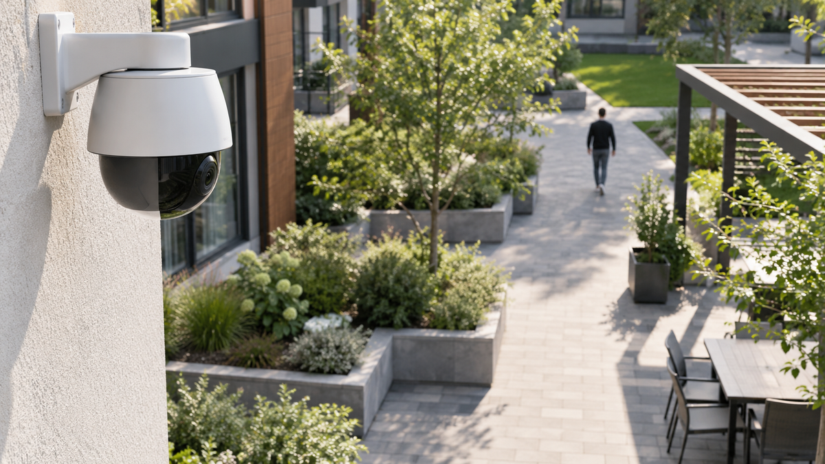 Pan-tilt motion tracking security camera overlooking a courtyard