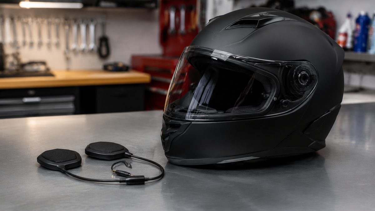 Low-profile unbranded motorcycle earbuds beside a helmet
