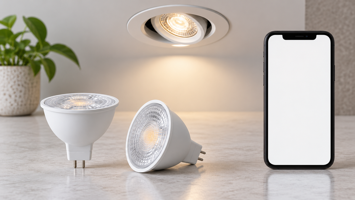 MR16 smart bulbs beside a recessed spotlight and blank phone screen