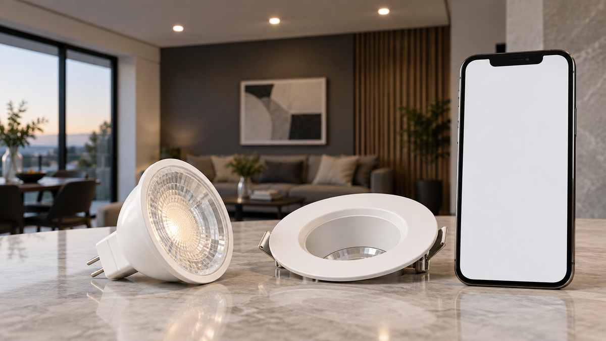 Unbranded MR16 WiFi reflector lamp beside a compatible recessed fixture