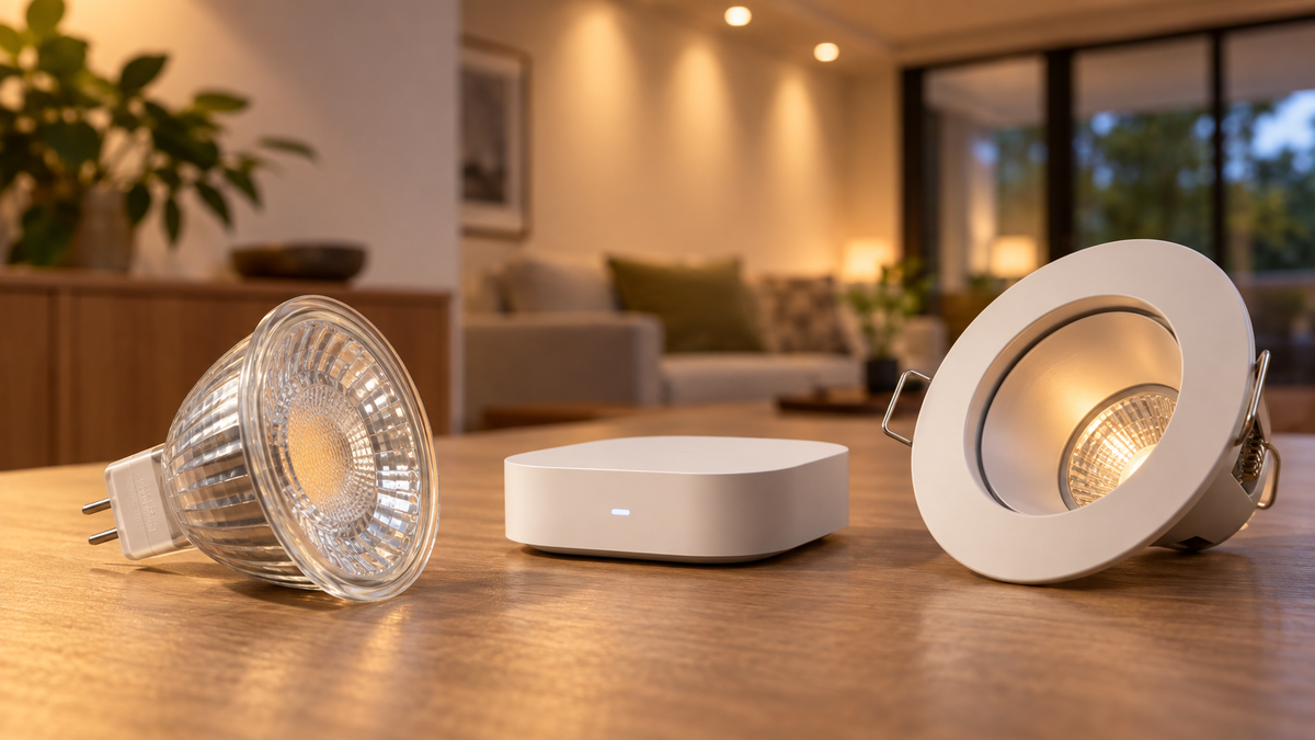 Unbranded MR16 Zigbee spotlight bulb beside a generic smart-home hub