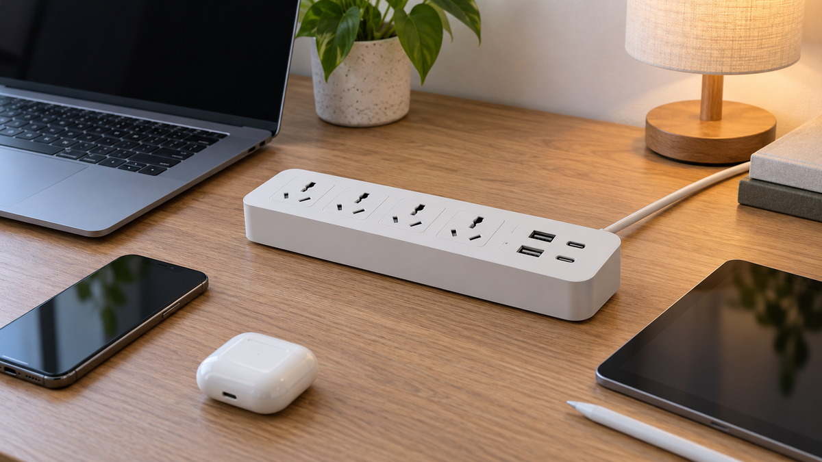 A white multi port extension cable with AC USB and USB-C outlets on a tidy desk
