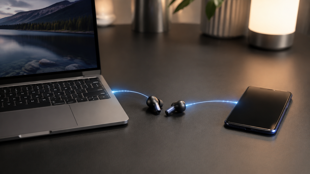 Unbranded Bluetooth earbuds between a laptop and smartphone