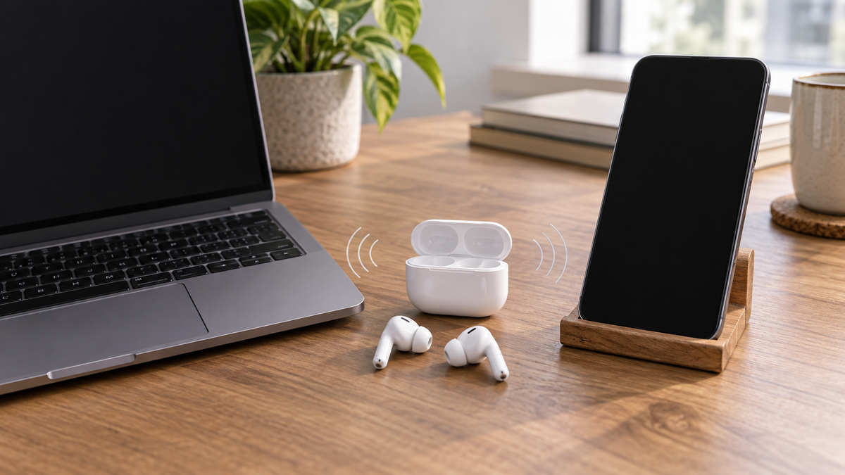 Unbranded true wireless earbuds switching between a laptop and smartphone