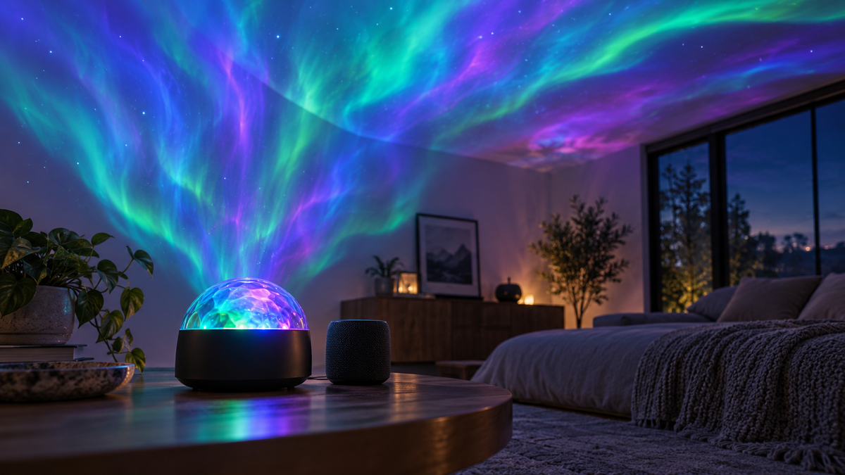 Unbranded aurora projector lamp casting colorful flowing light across a calm room