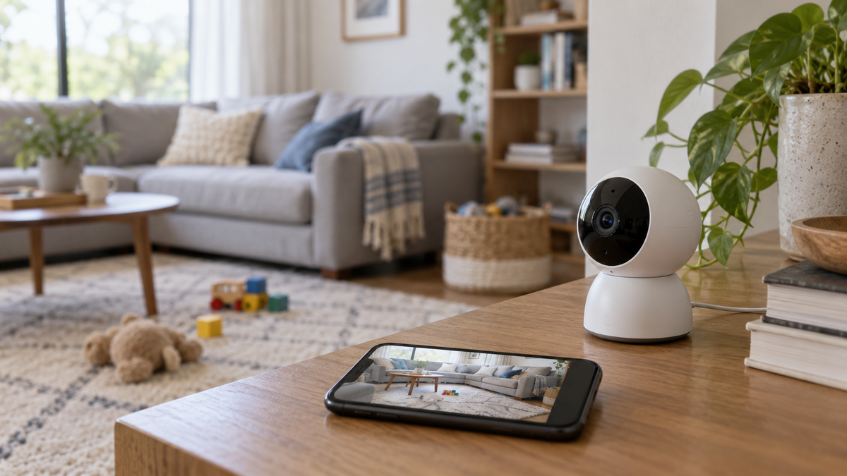 Visible unbranded indoor monitoring camera in a shared family room with a generic phone preview