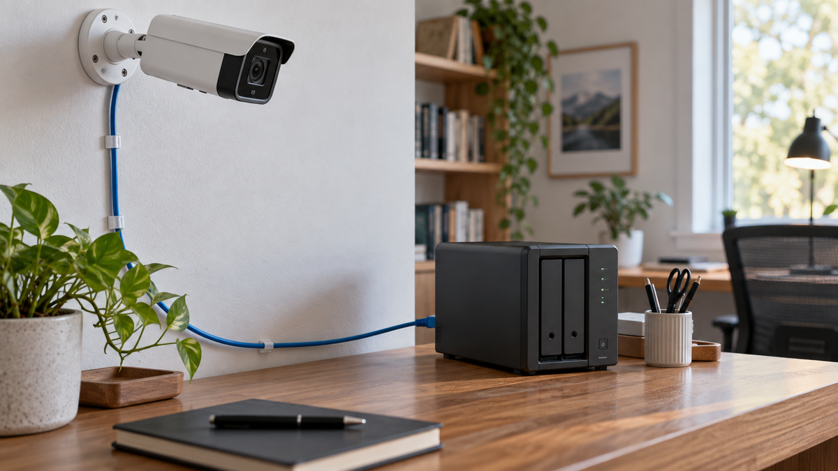 Unbranded visible security camera connected to a network storage device in a home office