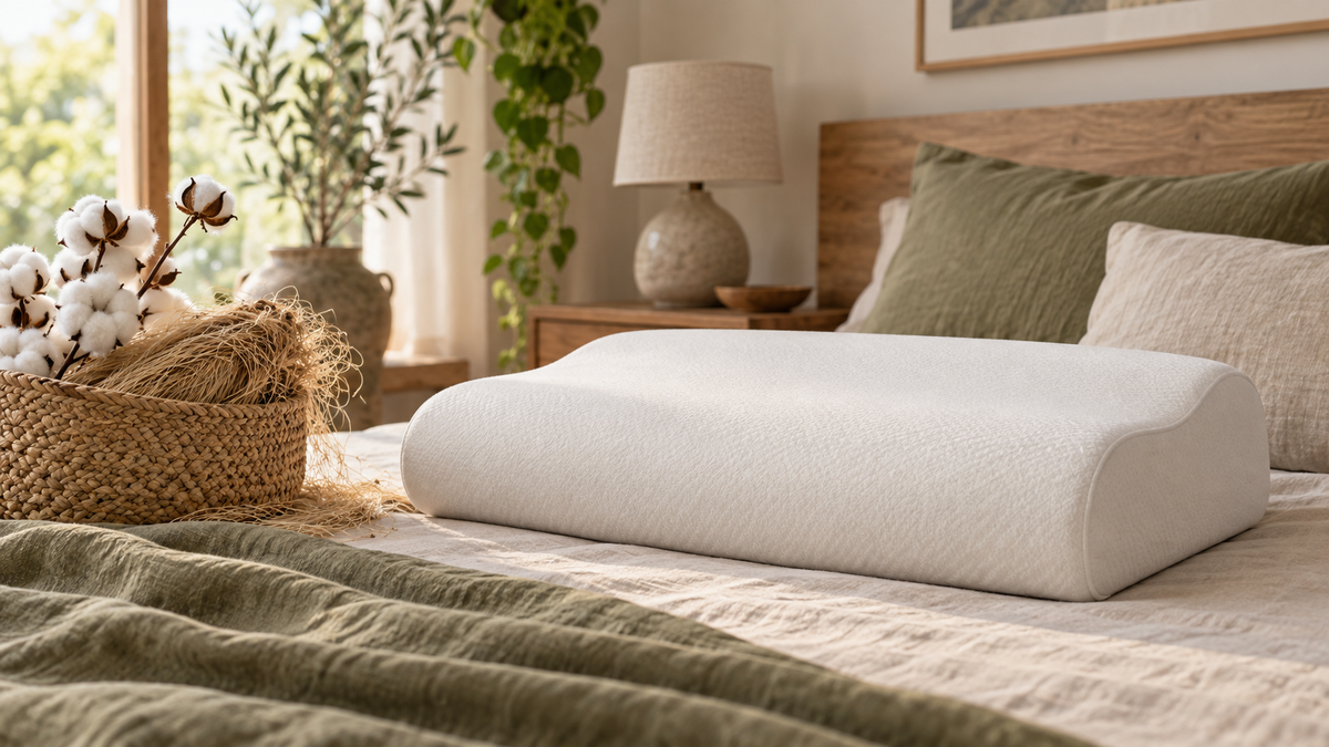 Unbranded memory foam pillow with a simple cotton cover beside natural plant fibers in a calm bedroom