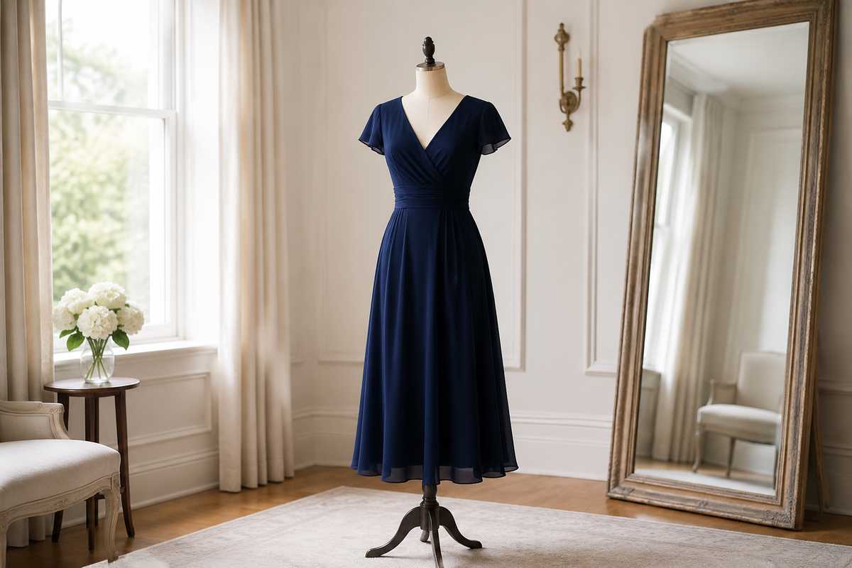 Navy blue dress on a dress form in a bright refined dressing room