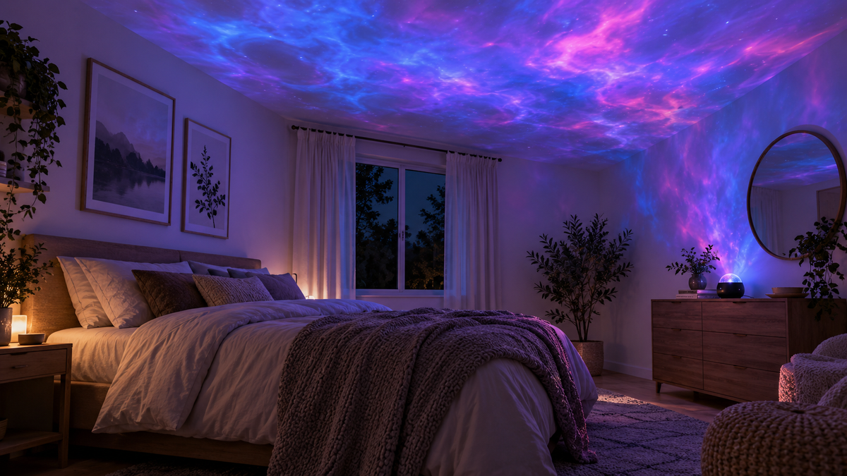 Unbranded nebula lamp projector casting soft cloud-like colors across a neutral bedroom ceiling