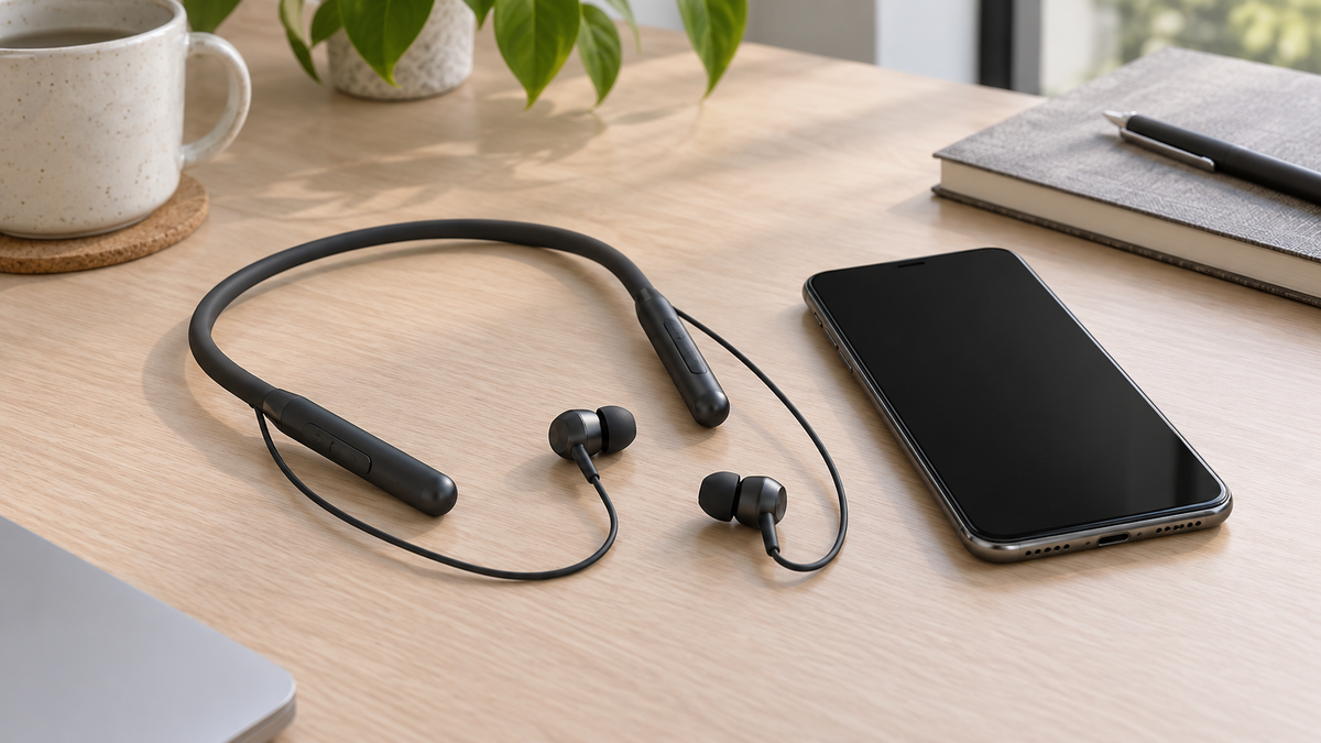Unbranded neckband Bluetooth earphones arranged beside a smartphone