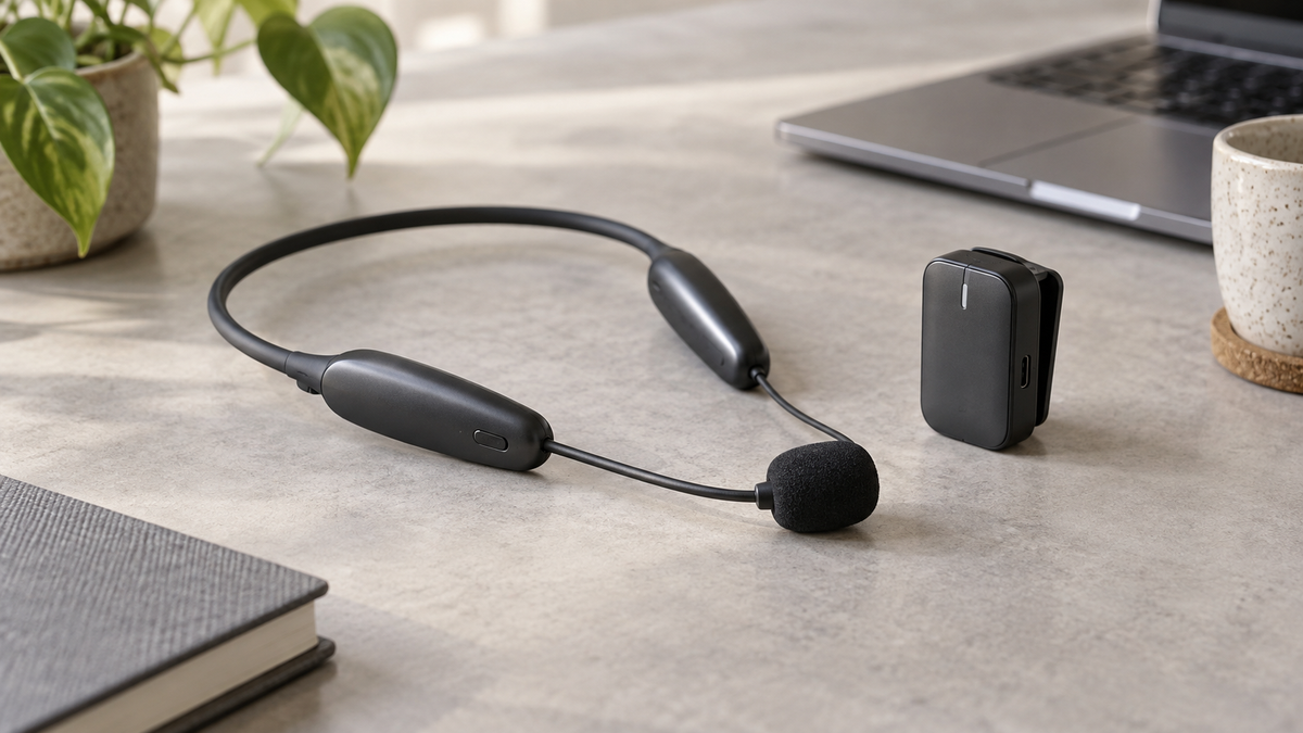 Unbranded wireless neck-worn microphone and compact receiver on a neutral desk