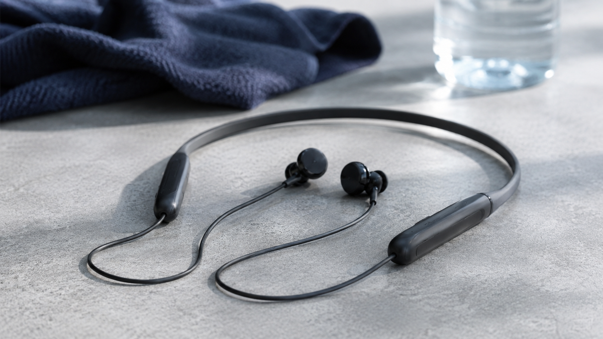 Unbranded neckband earphones arranged with active lifestyle accessories