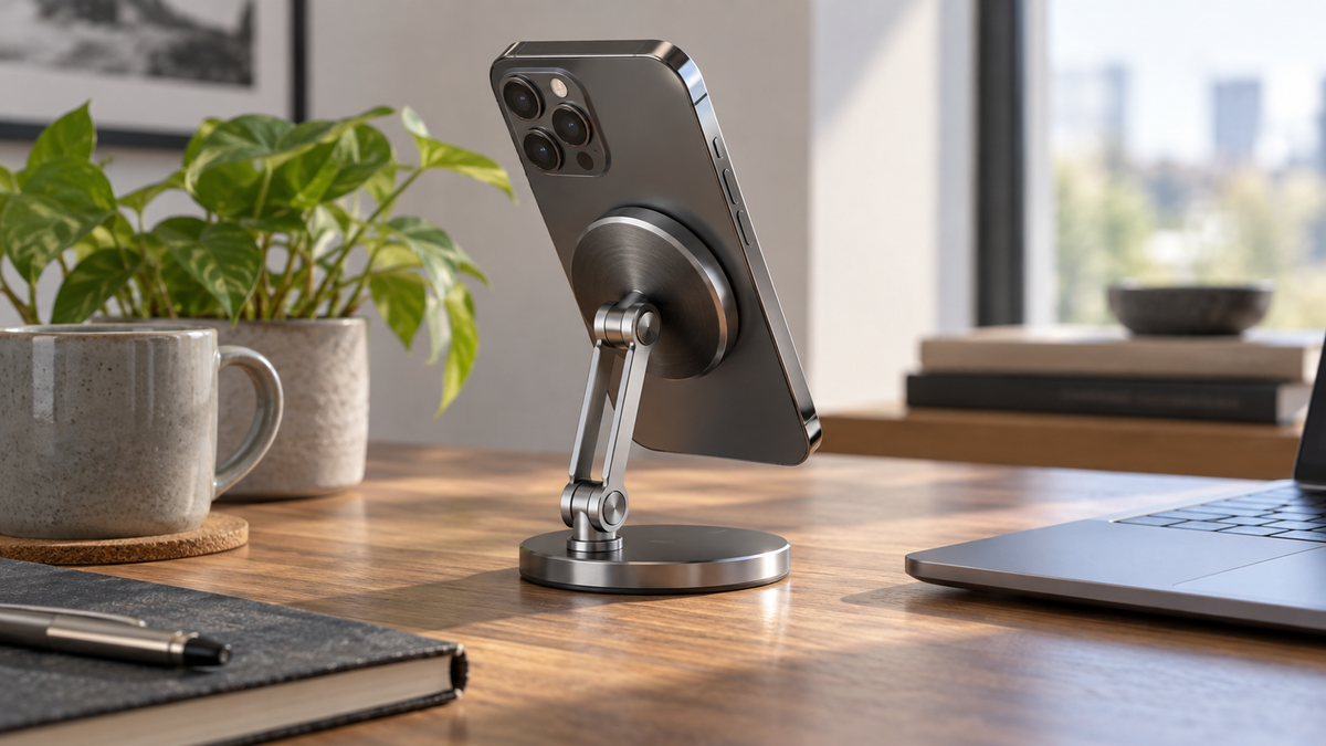 Unbranded neodymium magnetic phone holder supporting a smartphone on a desk