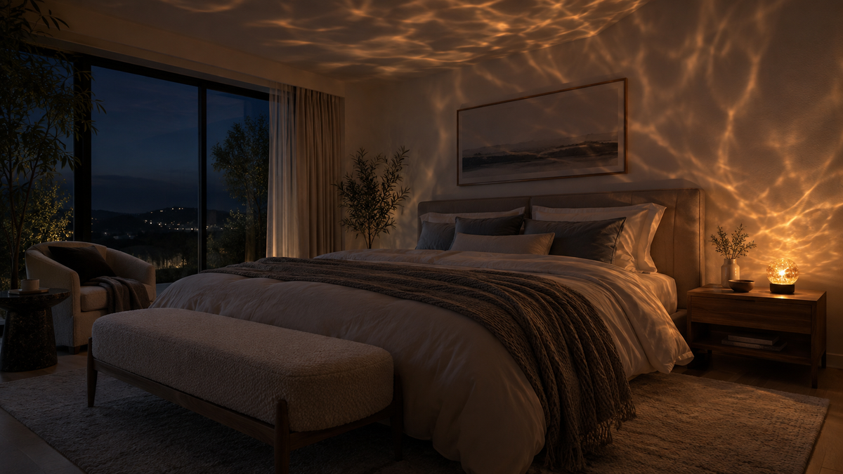 Tasteful night light projector creating calming patterns in an adult bedroom