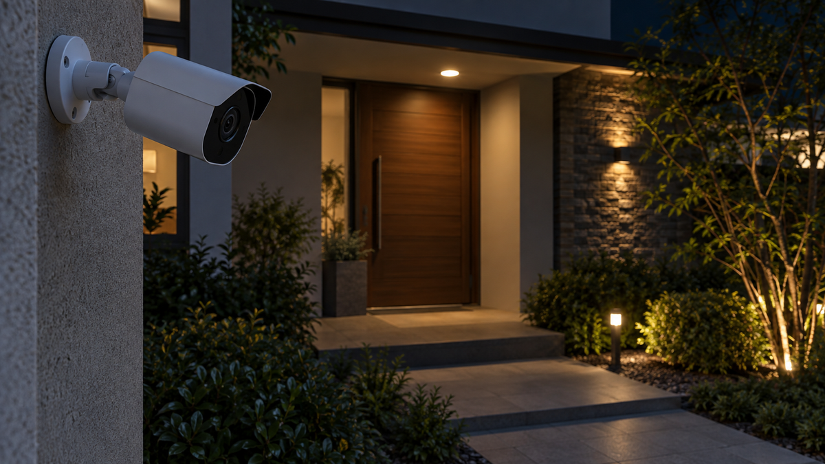 Visible unbranded outdoor security camera monitoring a softly lit home entrance at night