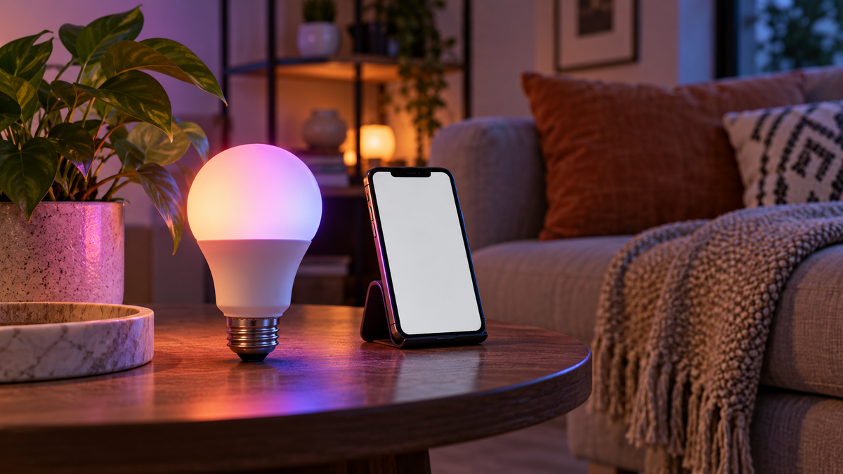 Unbranded no-hub smart bulb paired with a smartphone on a side table