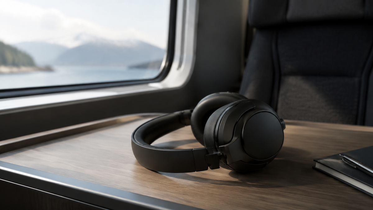 Unbranded over-ear noise cancelling headphones near a window