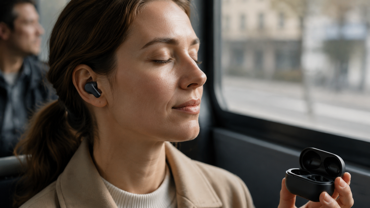 Unbranded noise reduction earbuds in a calm commute setting