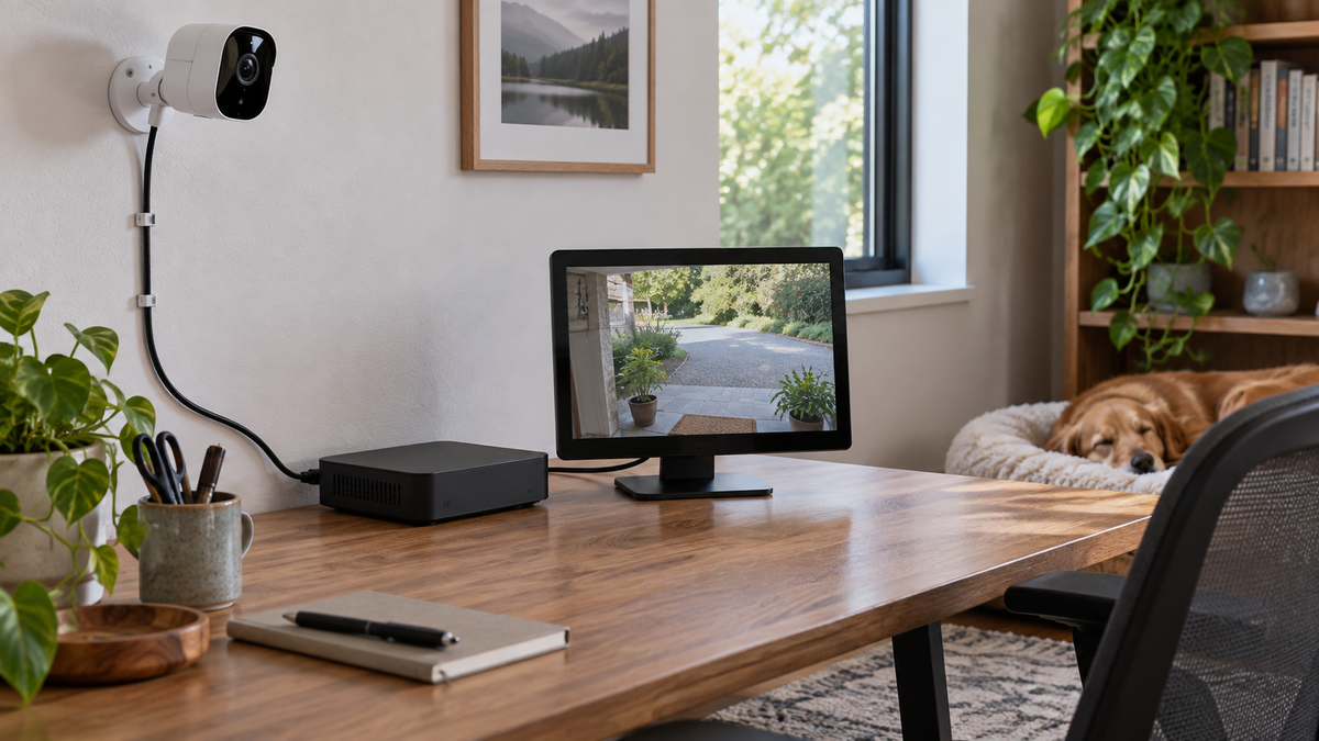 Visible unbranded security camera connected to a local recorder without cloud symbols