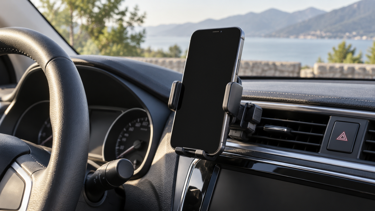 Unbranded non-magnetic clamp-style phone cradle holding a blank-screen phone in a parked car