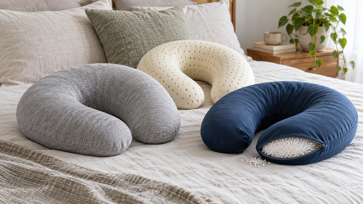 Unbranded neck pillows made from varied non-memory-foam materials on a neutral bed