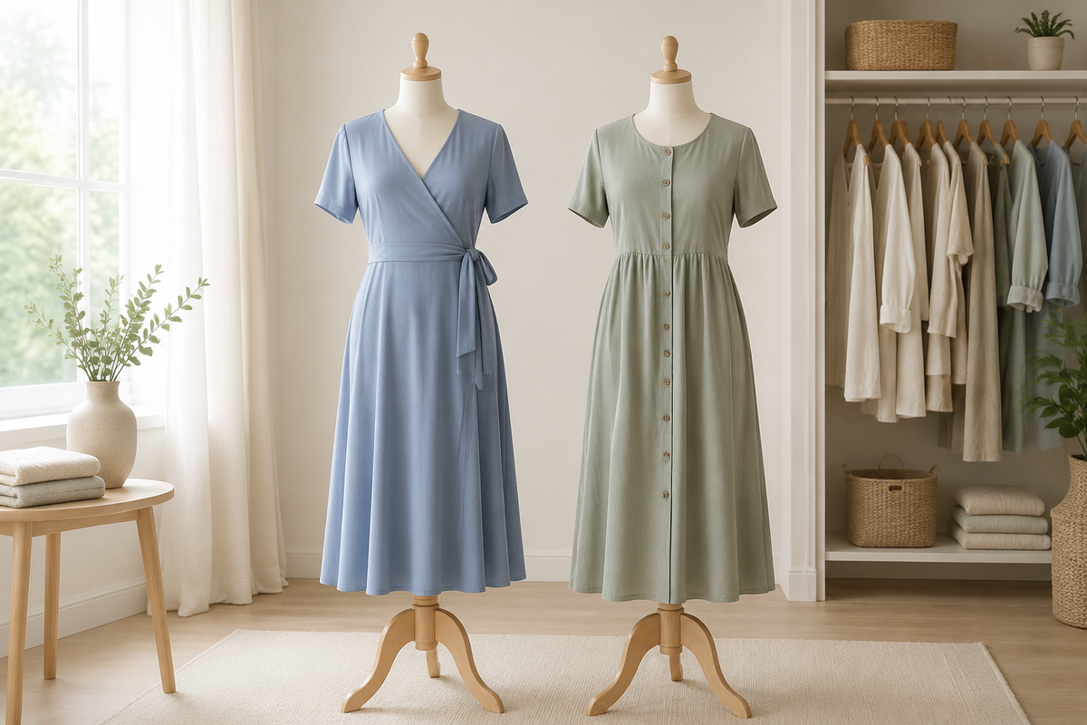 Blue wrap and sage button-front nursing dresses on maternity dress forms