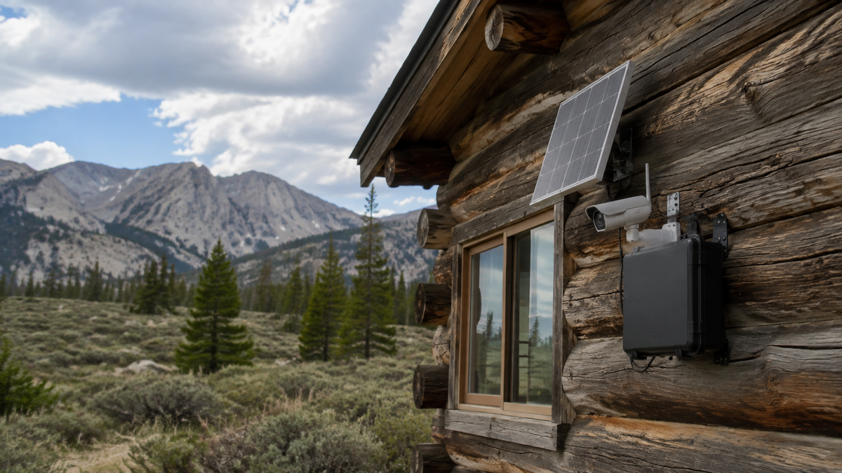 Generic off-grid security camera with solar panel at a remote cabin