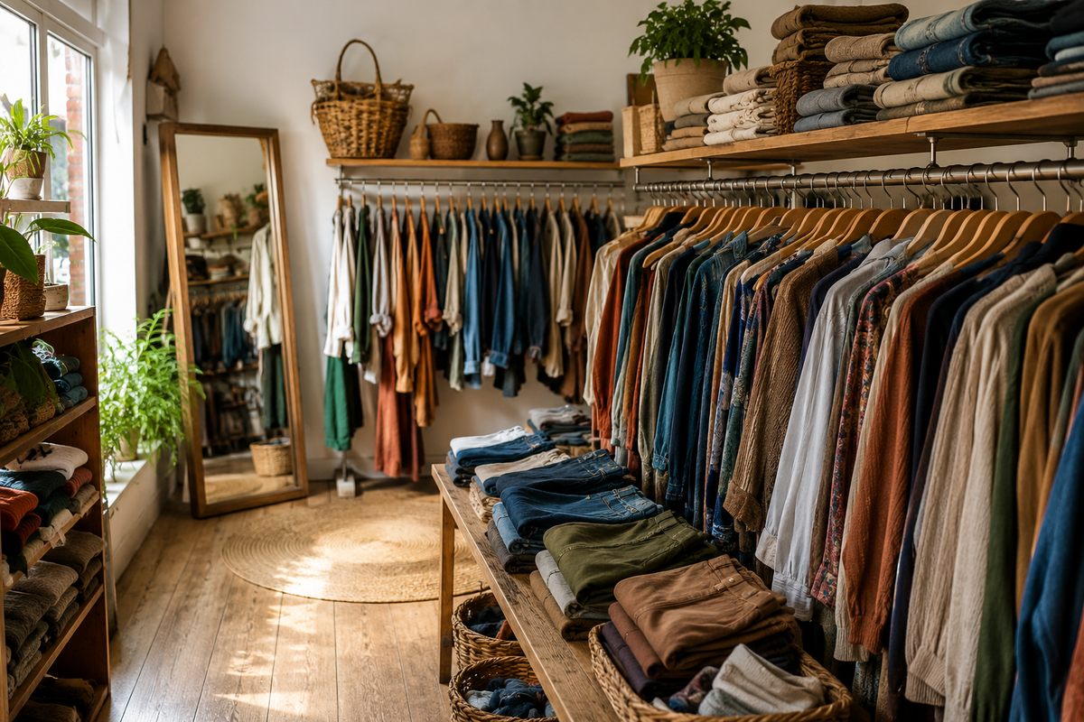 Curated unbranded clothing racks inside a warm independent thrift shop