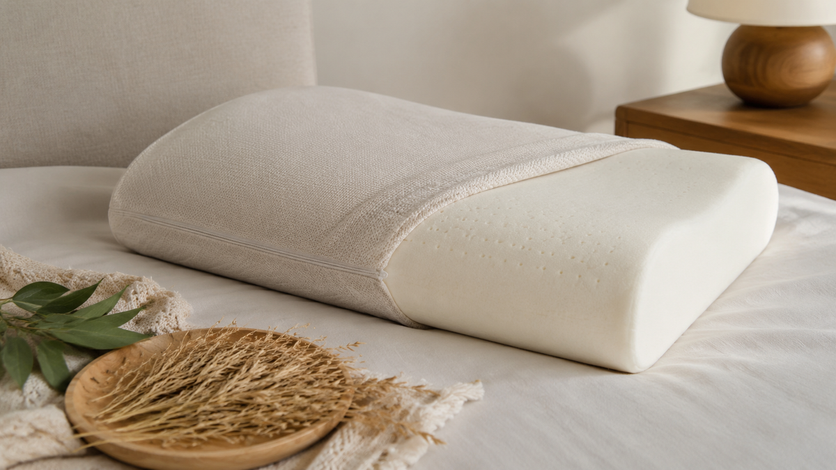 Memory foam pillow with a natural-toned removable cover