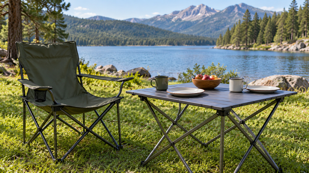 Folding outdoor camping table with plates and cups on level grass
