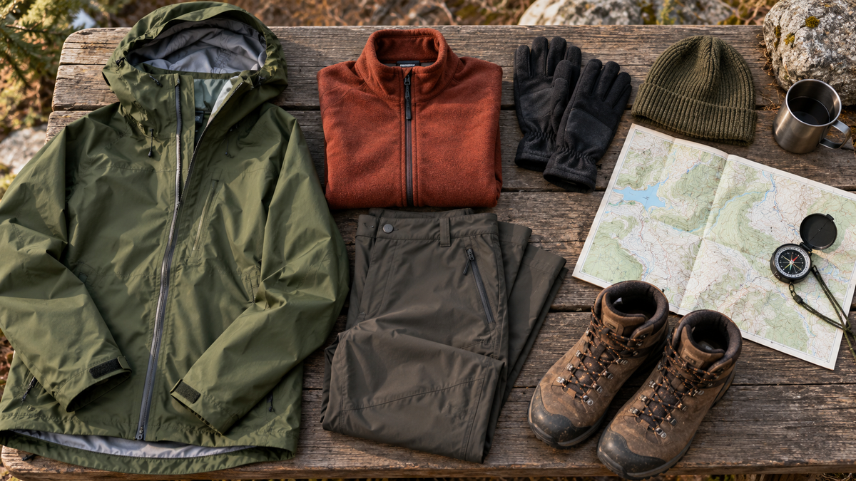 Outdoor clothing layers and trail gear arranged on a wooden table