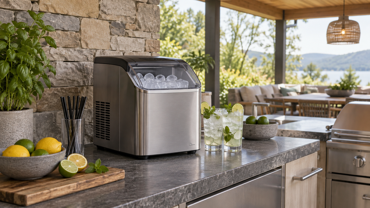Countertop ice maker in a protected covered outdoor kitchen