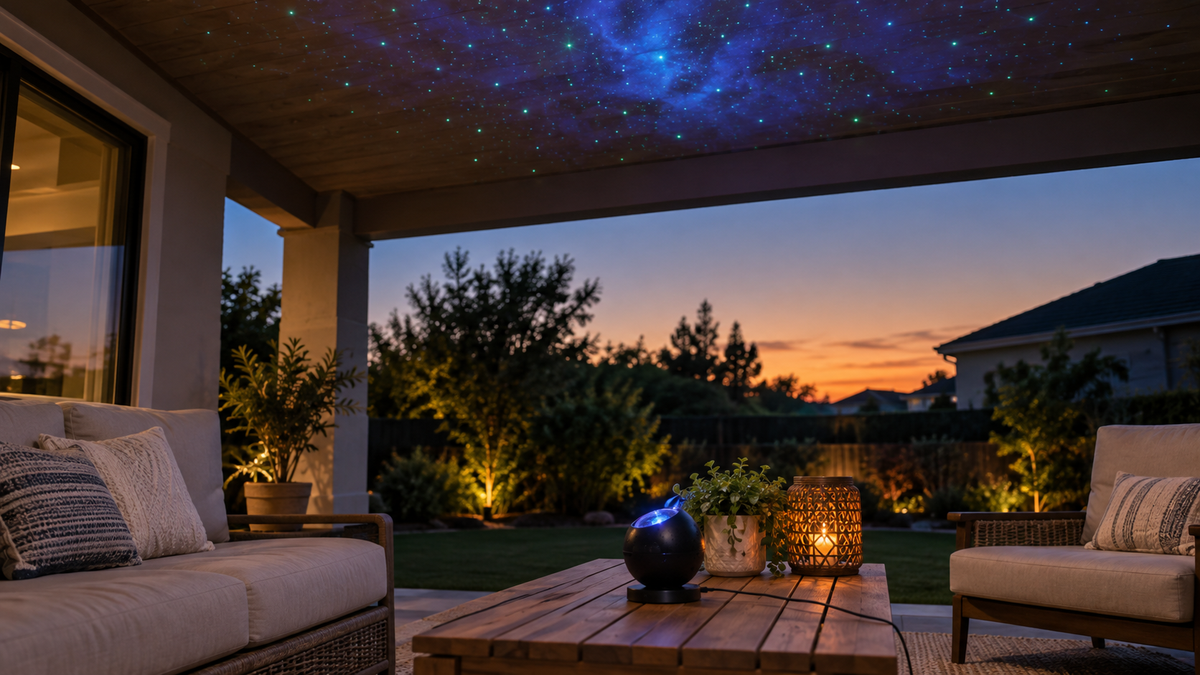Unbranded galaxy projector casting subtle stars on a sheltered patio ceiling at dusk