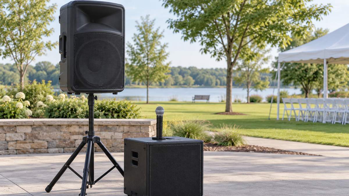 Outdoor PA speaker system with a wireless microphone in a park event area