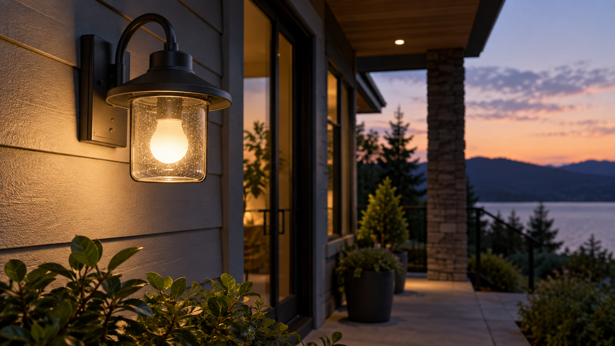 Unbranded WiFi light bulb glowing in a weather-rated covered outdoor wall fixture
