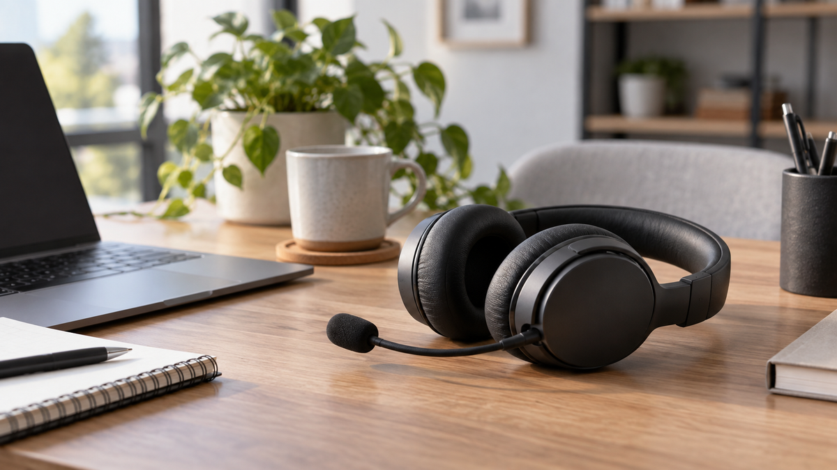 Unbranded over-ear noise cancelling headphones with microphones on a clean work desk