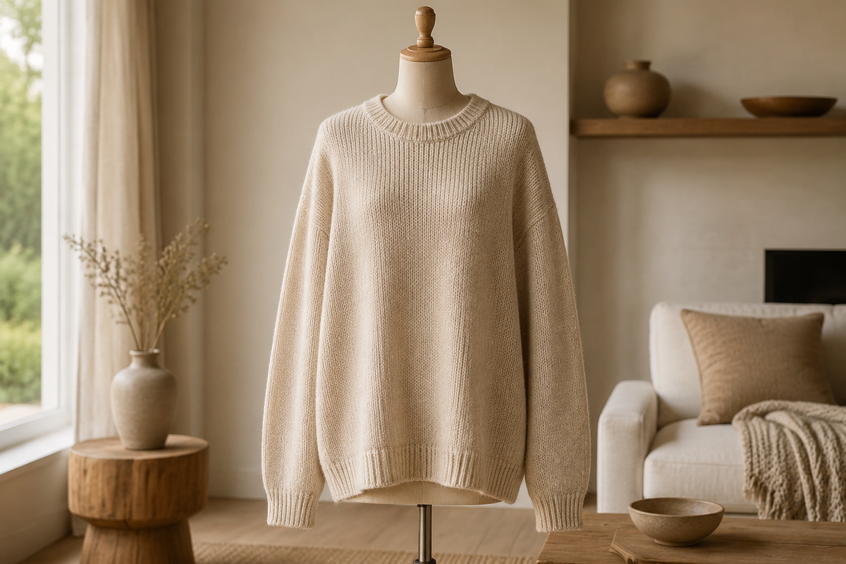 Oversized oatmeal sweater on a dress form in a warm minimalist room