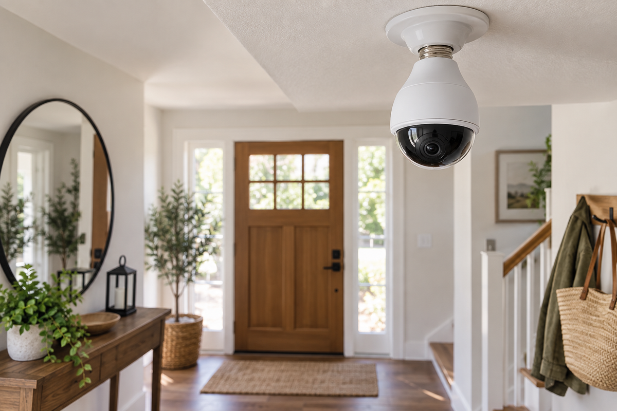 Unbranded visible panoramic bulb camera installed in a modern entryway