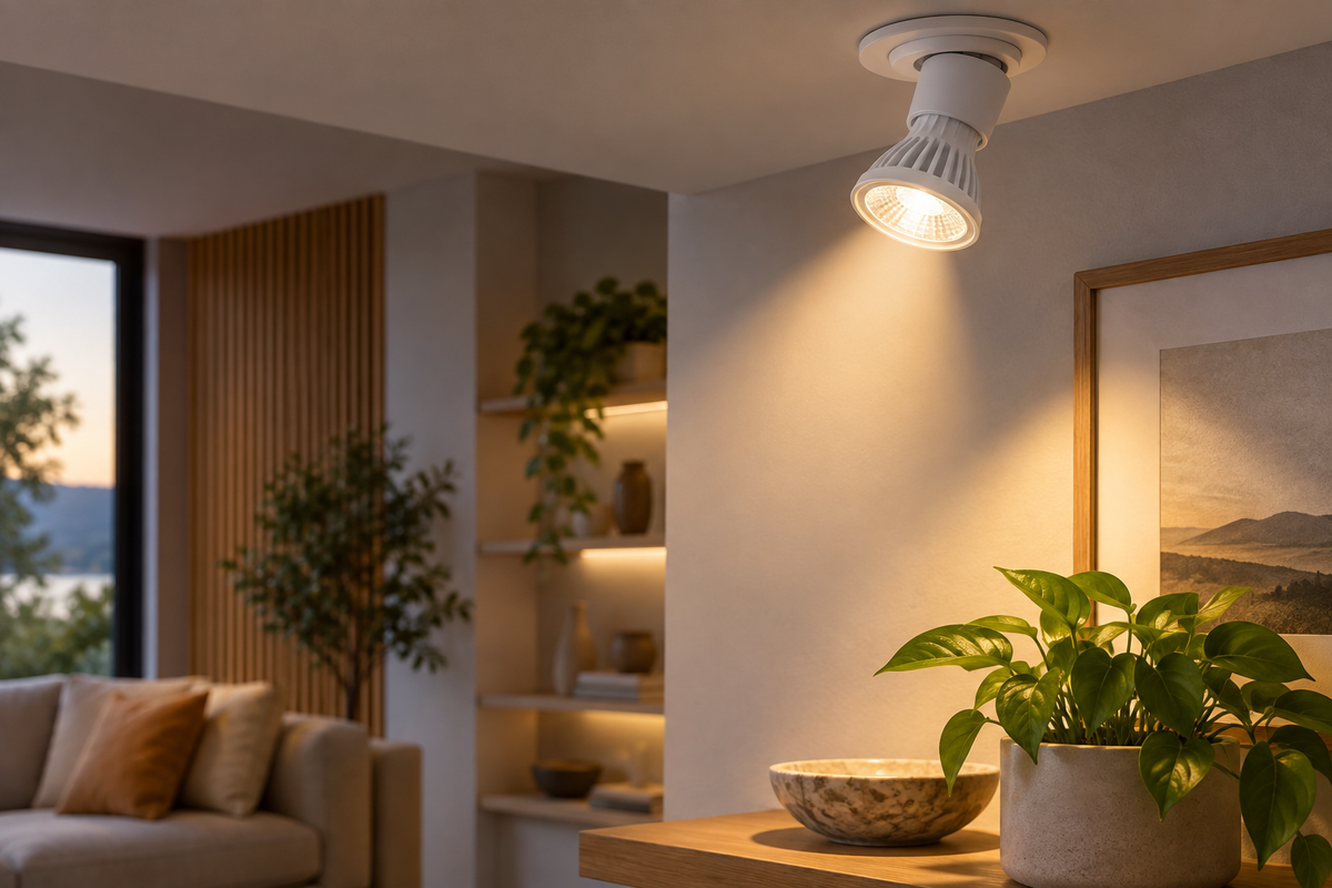 Unbranded PAR16 smart bulb casting a focused beam in a modern room