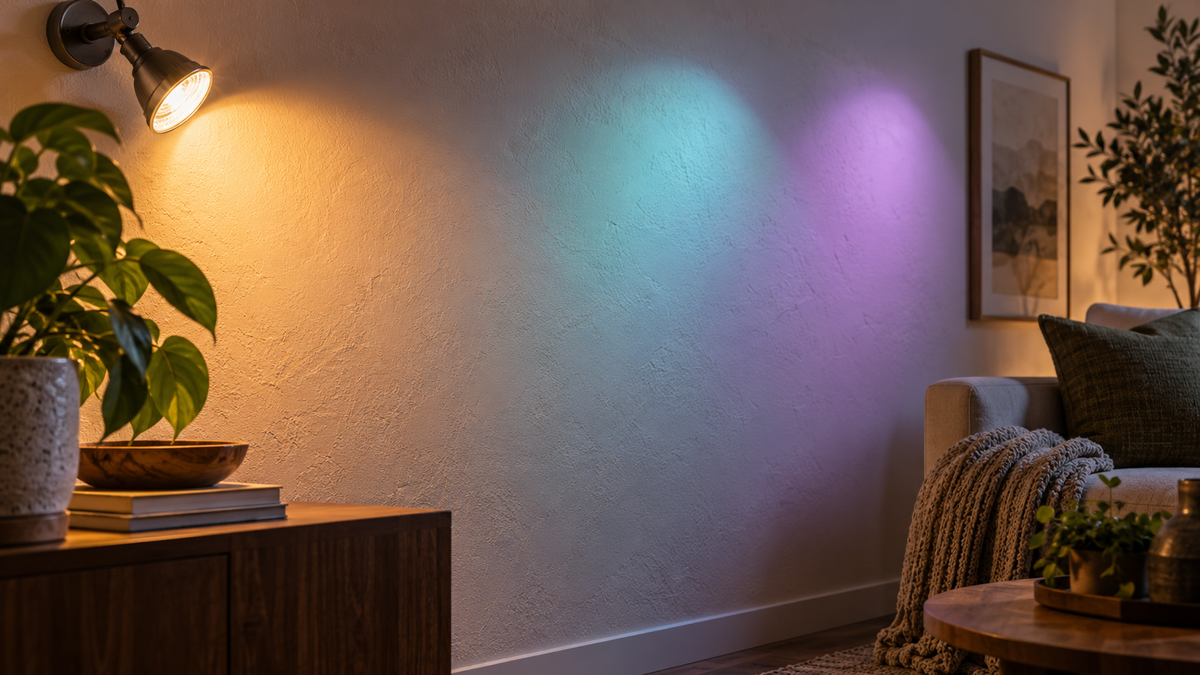 Unbranded PAR20 color changing LED bulb casting soft colors on a wall