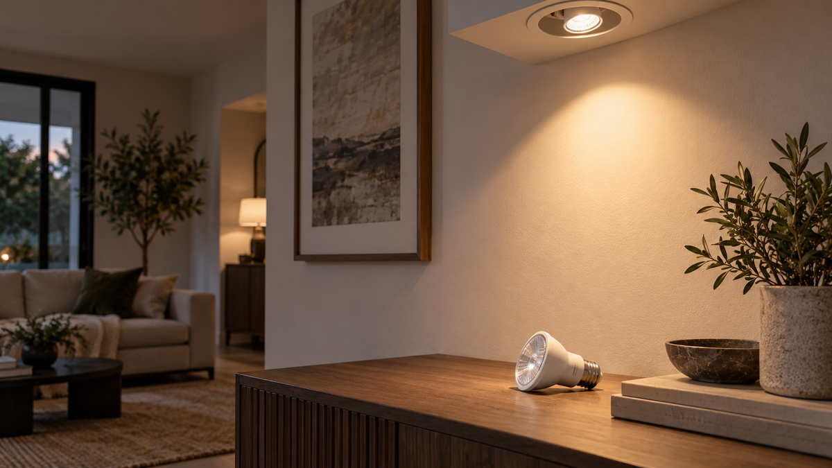 Unbranded PAR20 smart bulb casting a focused beam from a modern recessed fixture