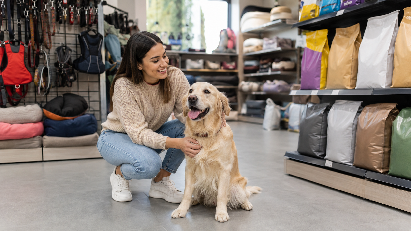 Modern pet supply store with shopper and dog