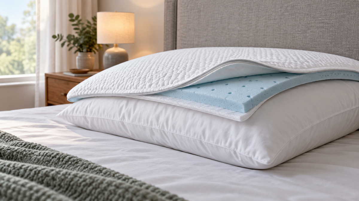 Thin memory foam pillow pad layered over a plain pillow on a bed