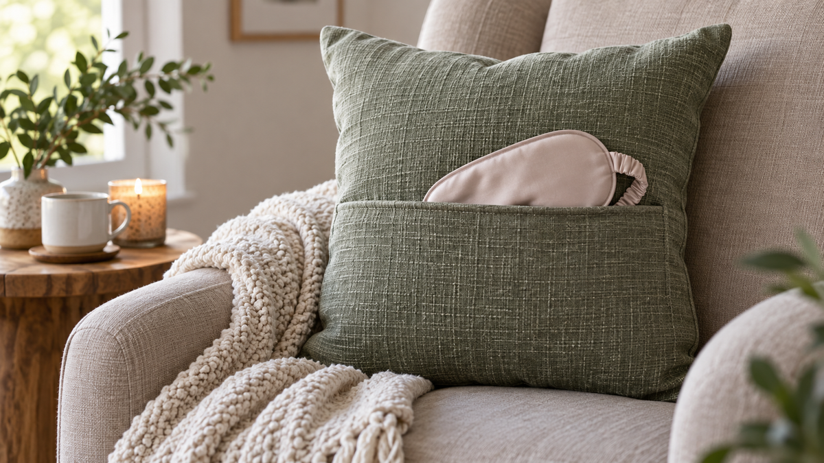 Decorative pillow with a discreet fabric pocket holding a soft sleep mask