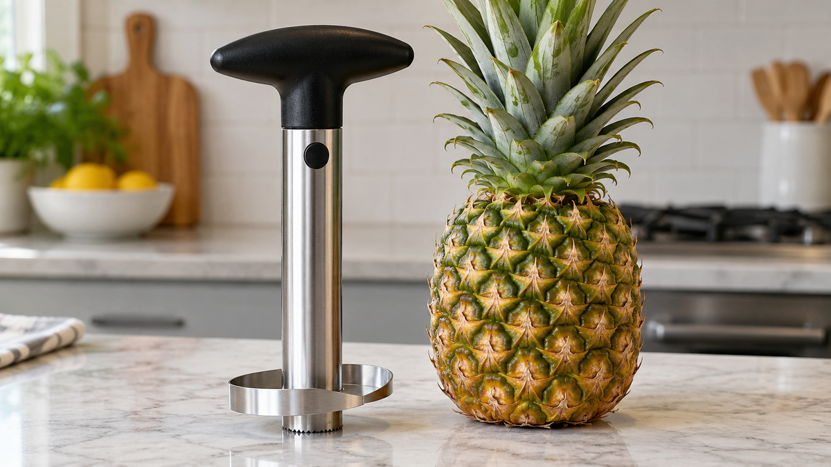 Pineapple corer and slicer standing beside a whole pineapple on a counter